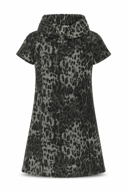 Front view of Palme women’s grey animal print acrylic a-line, size M, roll neck pullover - leopard pattern