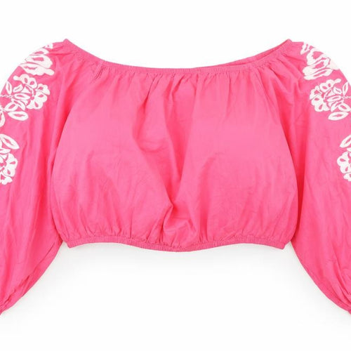 Marks and Spencer Womens Pink Cotton Cropped Blouse Size 18 Boat Neck - Flower Detail