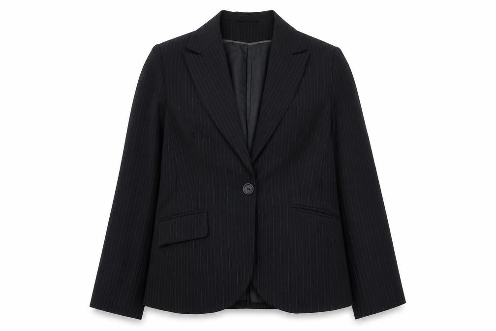 Front view of Atmosphere women’s blue striped jacket blazer, size UK 16, button