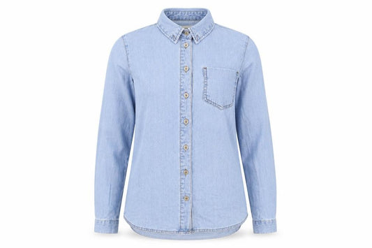 Front view of ASOS women’s blue 100% cotton basic button-up, size UK 8, collared