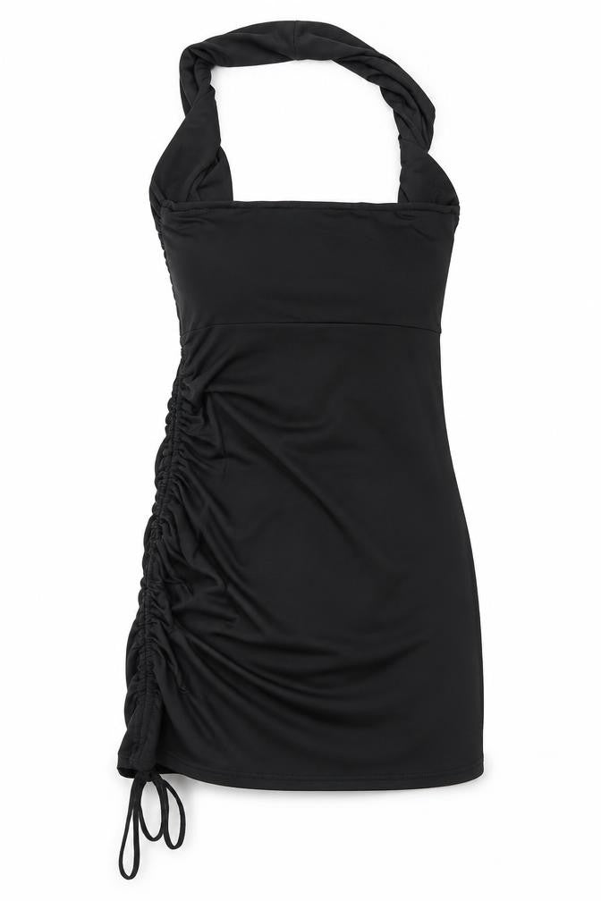 Front view of D&M women’s black polyester mini, size S, halter pullover