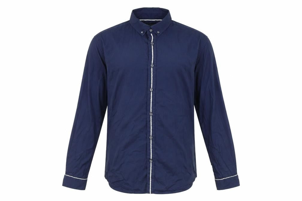 Front view of process men’s blue cotton button-up, size L, collared button