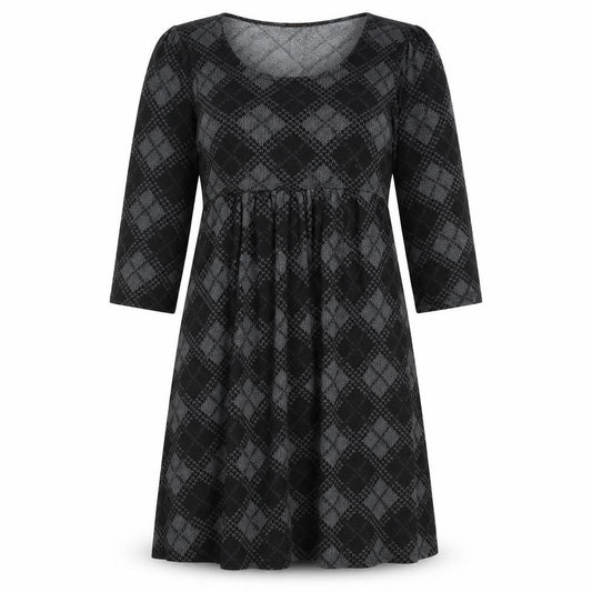 Front view of Reborn women’s black argyle/diamond polyester fit & flare, size M, round neck pullover
