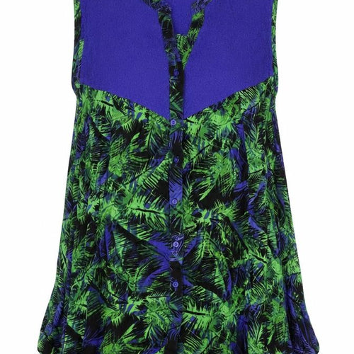 Klass Womens Blue Geometric Viscose Basic Blouse Size XS V-Neck - Palm Tree Print, Broderie Anglaise