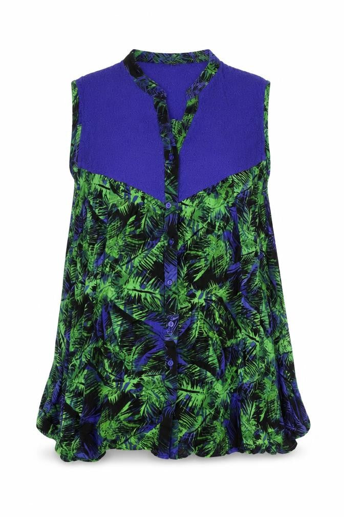 Klass Womens Blue Geometric Viscose Basic Blouse Size XS V-Neck - Palm Tree Print, Broderie Anglaise
