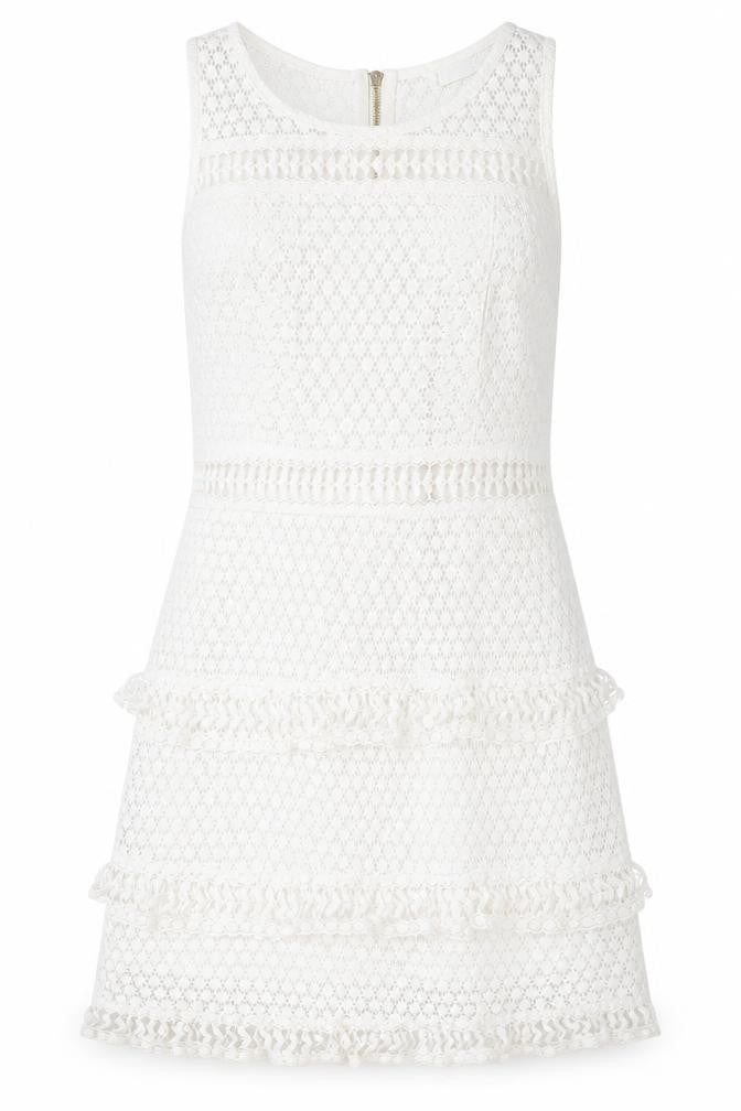 Front view of women’s ivory geometric polyester a-line, size M, scoop neck zip