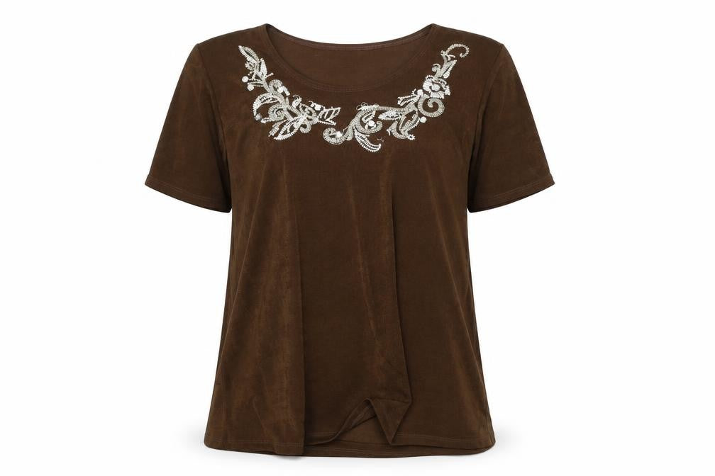 Damart Womens Brown Polyester Basic T-Shirt Size L Round Neck