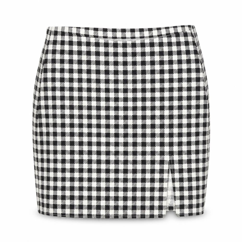 Front view of SHEIN women’s black check polyester straight & pencil skirt, size S