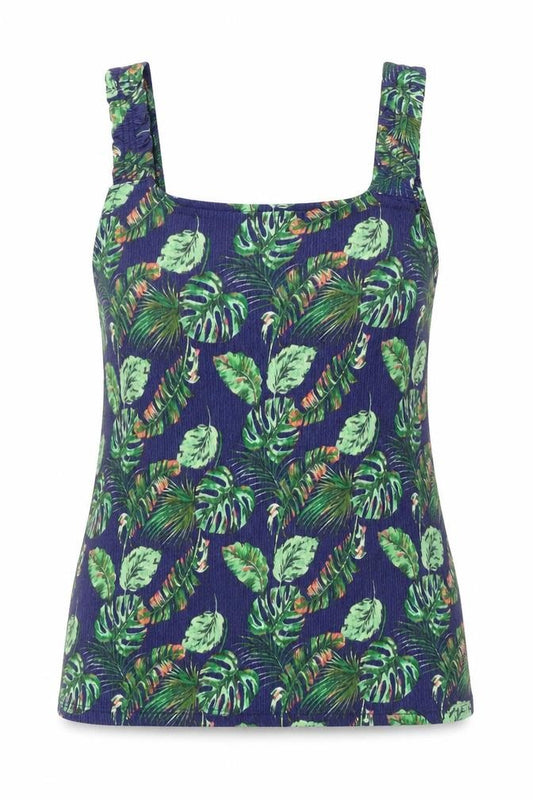 Front view of Papaya women’s blue geometric polyester basic tank, size UK 8, square neck - leaf print