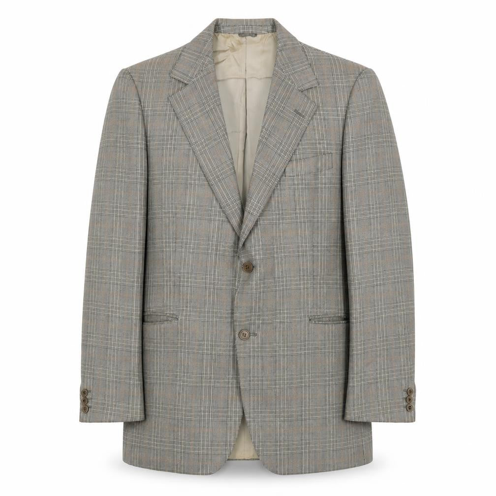 Front view of John Lewis men’s grey plaid wool jacket suit jacket, size 38, regular