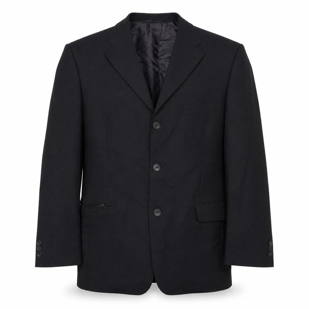 Front view of ROY ROBSON men’s black striped wool jacket suit jacket, size XL, regular