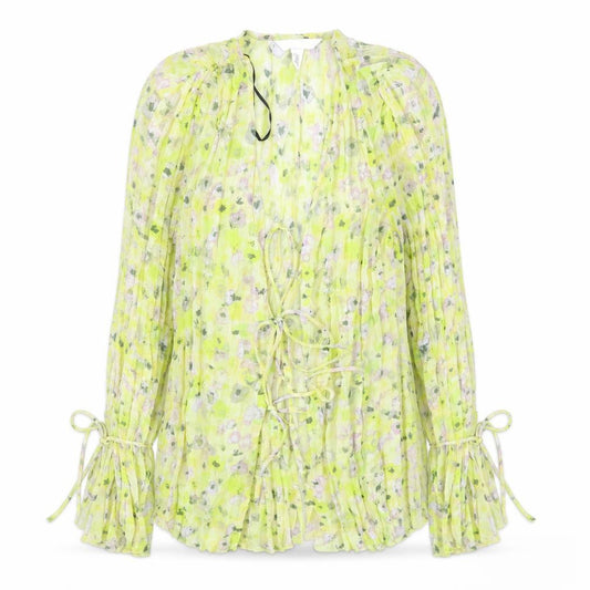 Front view of H&M women’s yellow floral polyester basic blouse, size M, v-neck