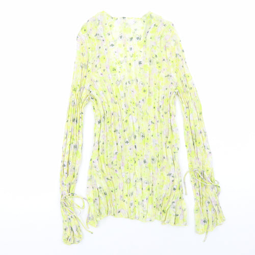 H&M Womens Yellow Floral Polyester Basic Blouse Size M V-Neck