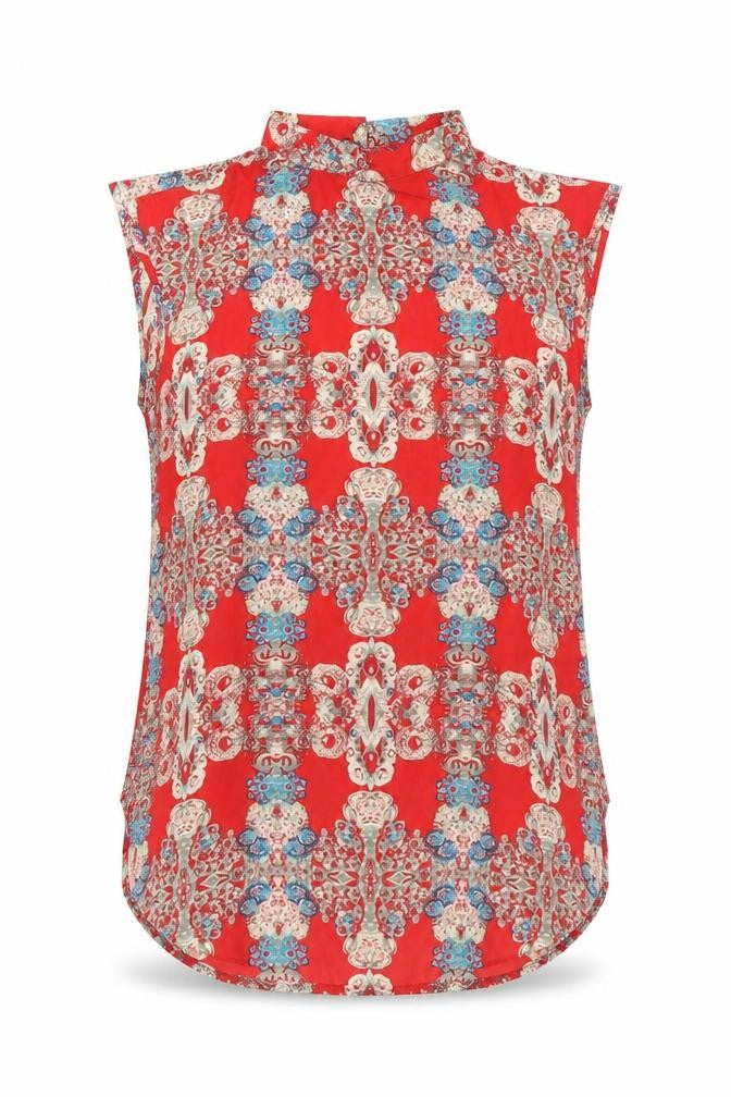Front view of Pussycat London women’s red geometric polyester basic tank, size M, round neck