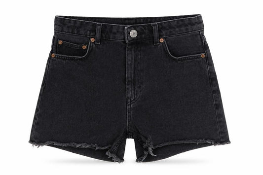 Front view of Monki women’s black cotton boyfriend shorts, size UK 28, in slim button