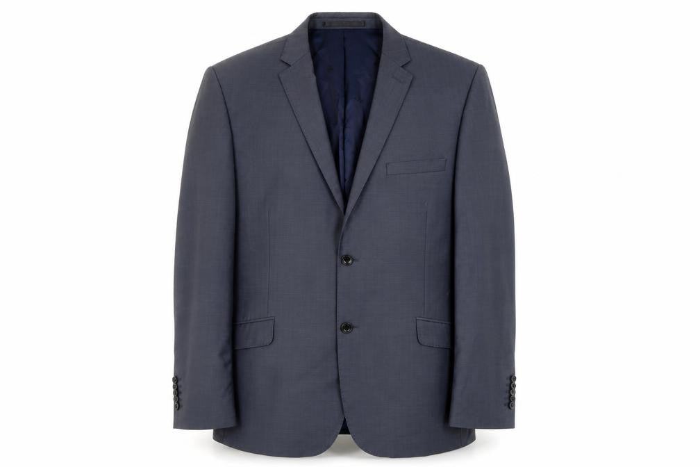 Front view of Paul Costelloe men’s blue polyester jacket suit jacket, size L, regular