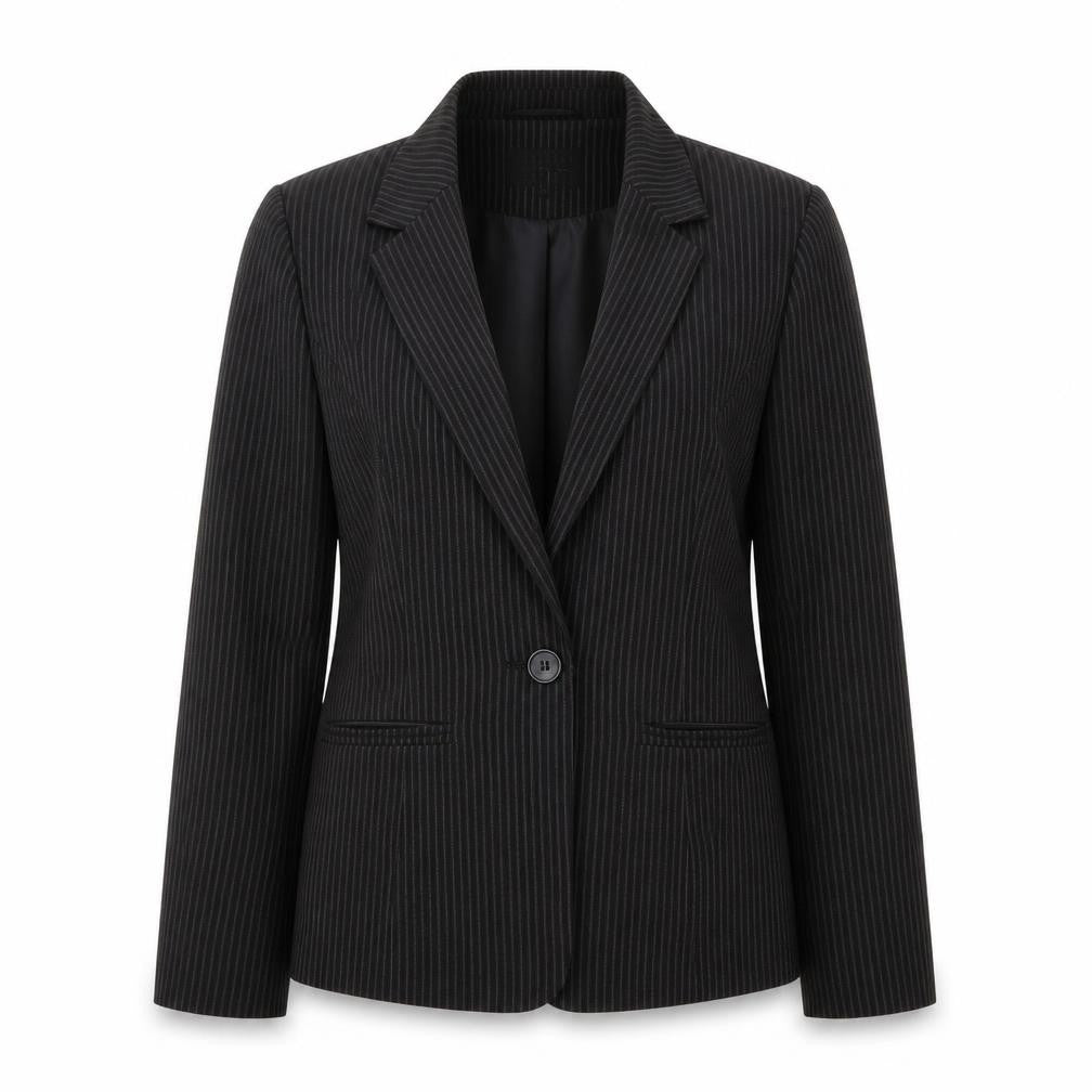 Front view of Papaya women’s black striped polyester jacket blazer, size UK 12