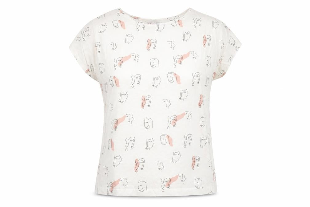 Mango Womens White Geometric Cotton Basic T-Shirt Size M Boat Neck