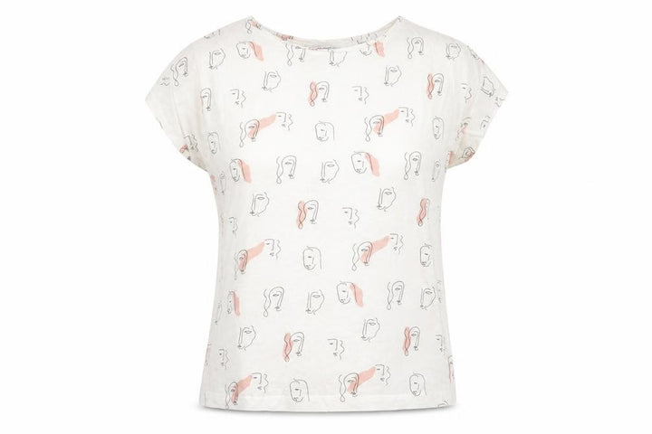 Mango Womens White Geometric Cotton Basic T-Shirt Size M Boat Neck