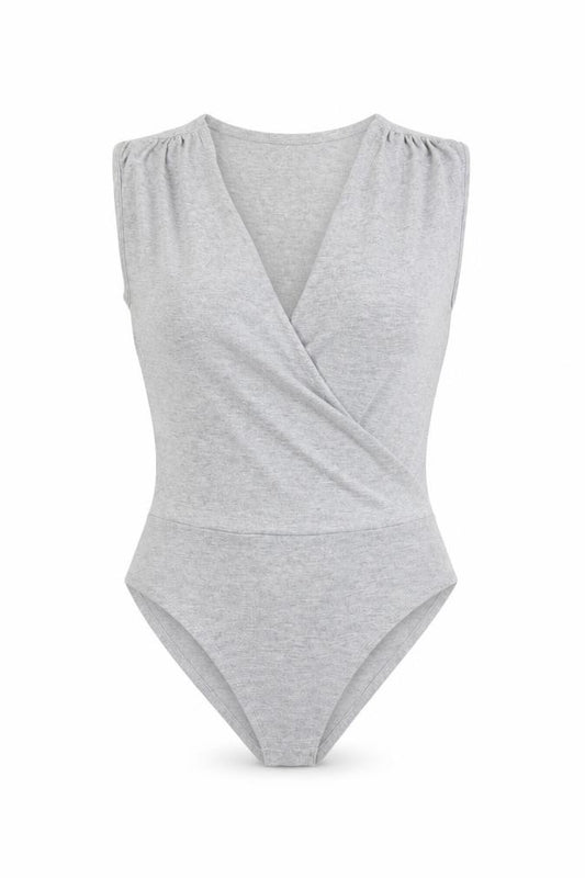 Front view of ASOS women’s grey cotton bodysuit one-piece, size UK 8, snap