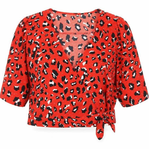 Very Womens Red Animal Print Polyester Wrap Blouse Size 18 V-Neck - Leopard Print Cropped