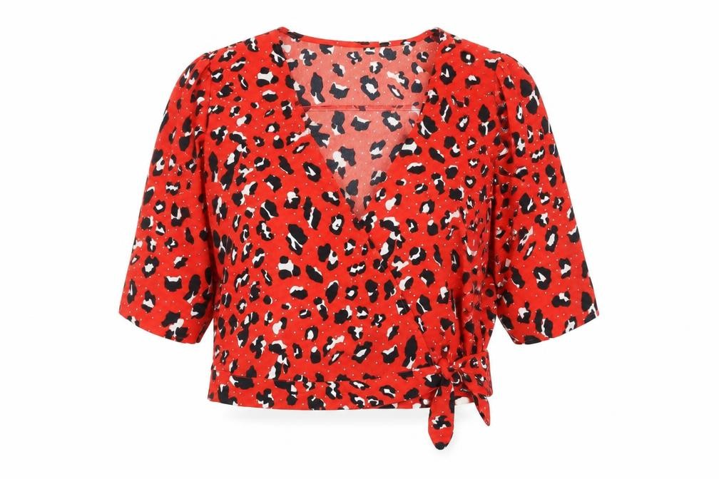 Very Womens Red Animal Print Polyester Wrap Blouse Size 18 V-Neck - Leopard Print Cropped