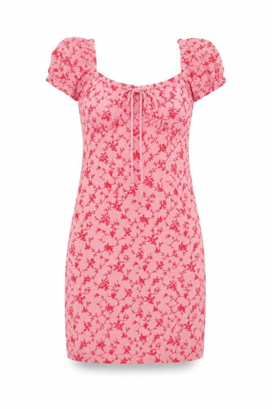 Front view of Motel Rocks women’s pink floral polyester a-line, size XS, v-neck pullover
