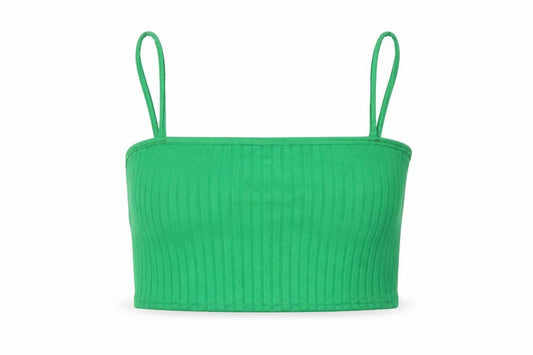 Front view of PRETTYLITTLETHING women’s green polyester cropped tank, size UK 6, square neck