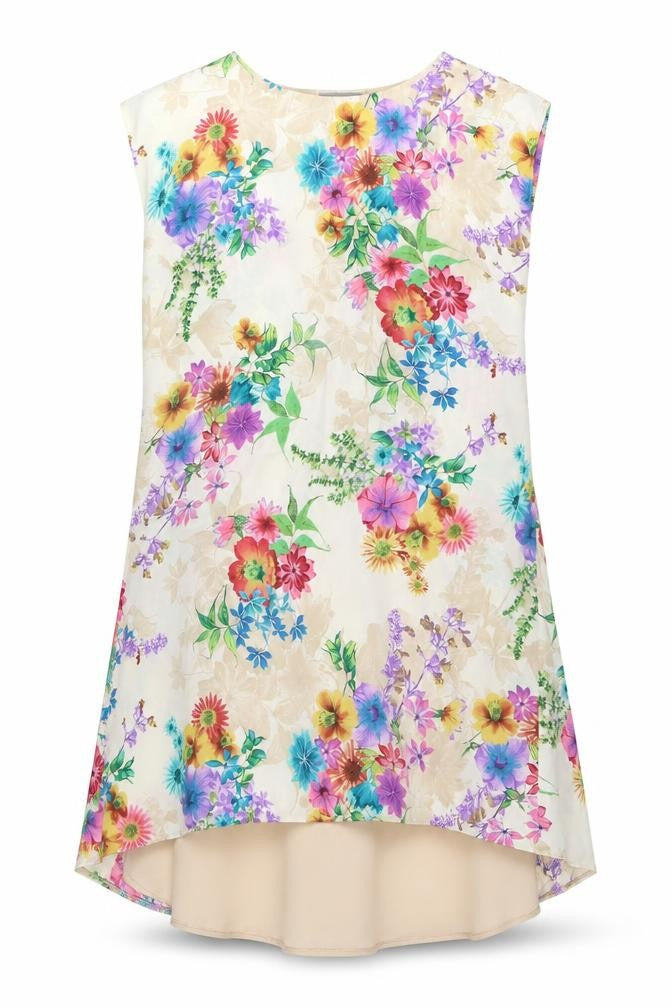 Front view of Love women’s beige floral polyester shift, size S, boat neck pullover