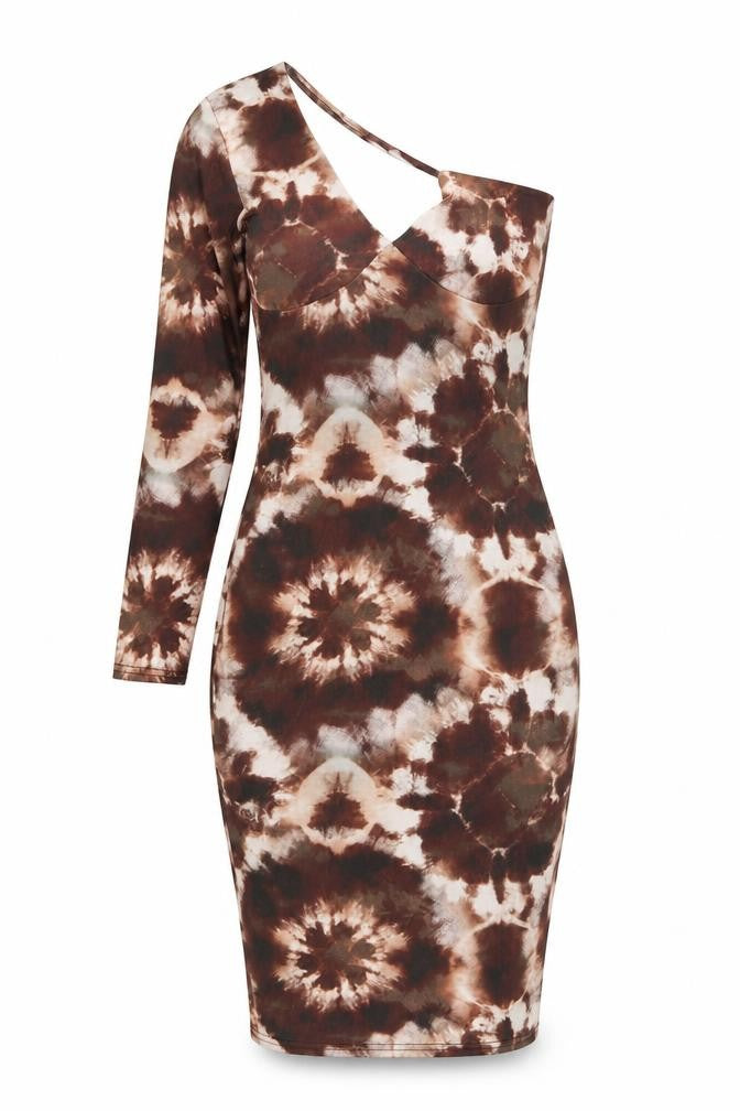 Front view of Boohoo women’s brown geometric polyester bodycon, size UK 10, one shoulder pullover - tie dye