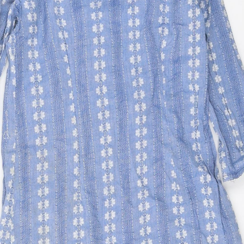 Arelia Womens Blue Geometric 100% Cotton A-Line Size S Roll Neck Button