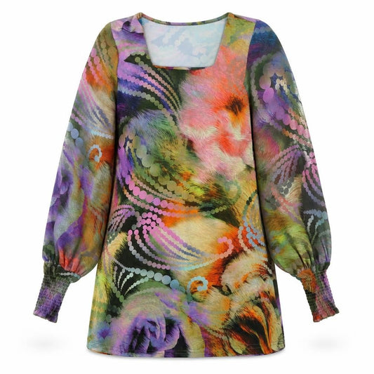 Front view of Off The Record women’s multicoloured geometric polyester shift, size UK 12, square neck pullover
