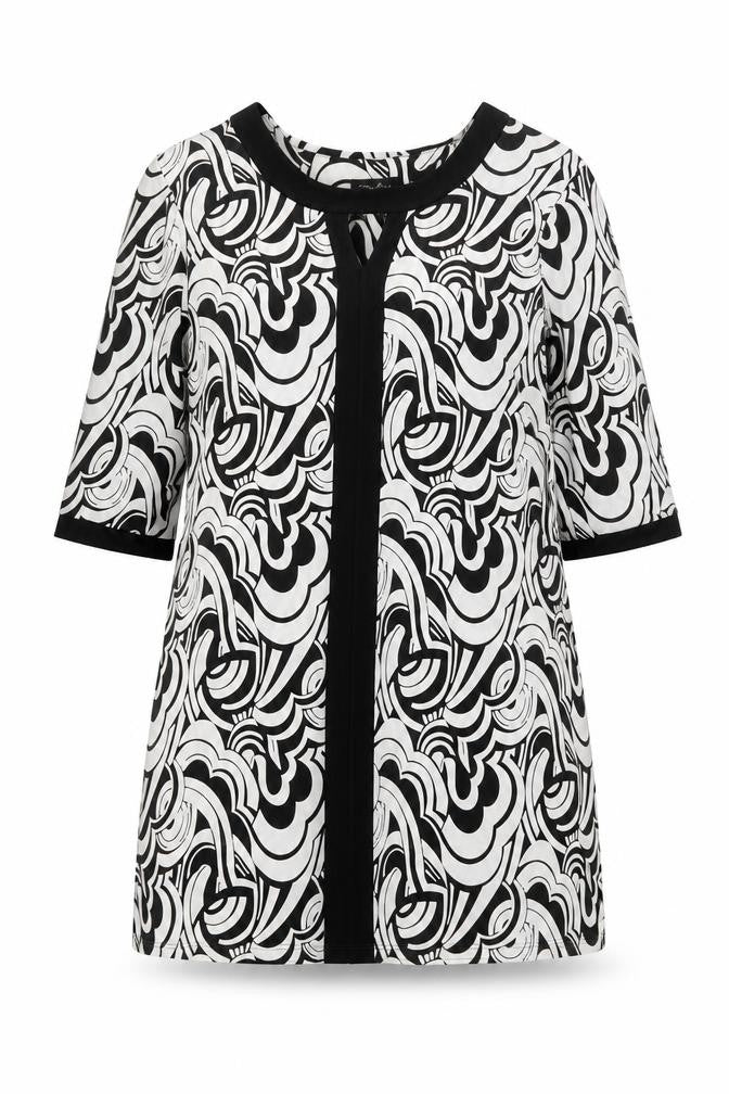 Front view of My Fize women’s white geometric polyester shift, size XS, boat neck pullover