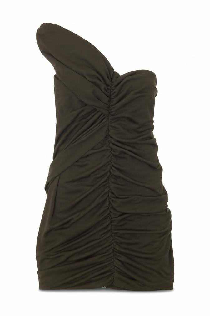 Front view of Zara women’s green herringbone polyester mini, size XS, one shoulder tie
