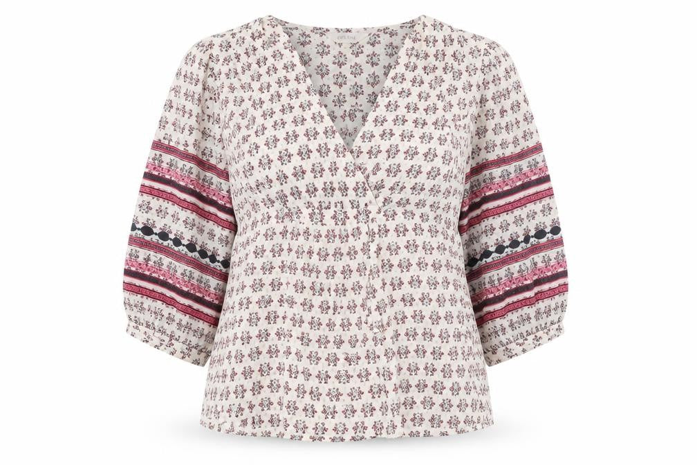 Front view of Per Una women’s beige geometric 100% cotton basic blouse, size S, v-neck