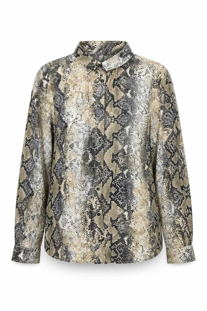 Front view of Primark women’s beige animal print viscose basic button-up, size UK 14, collared - snake print