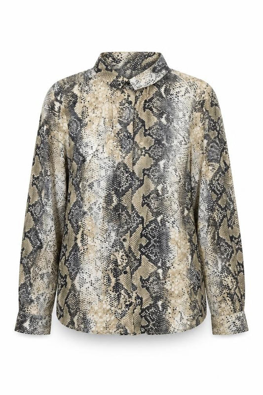 Front view of Primark women’s beige animal print viscose basic button-up, size UK 14, collared - snake print