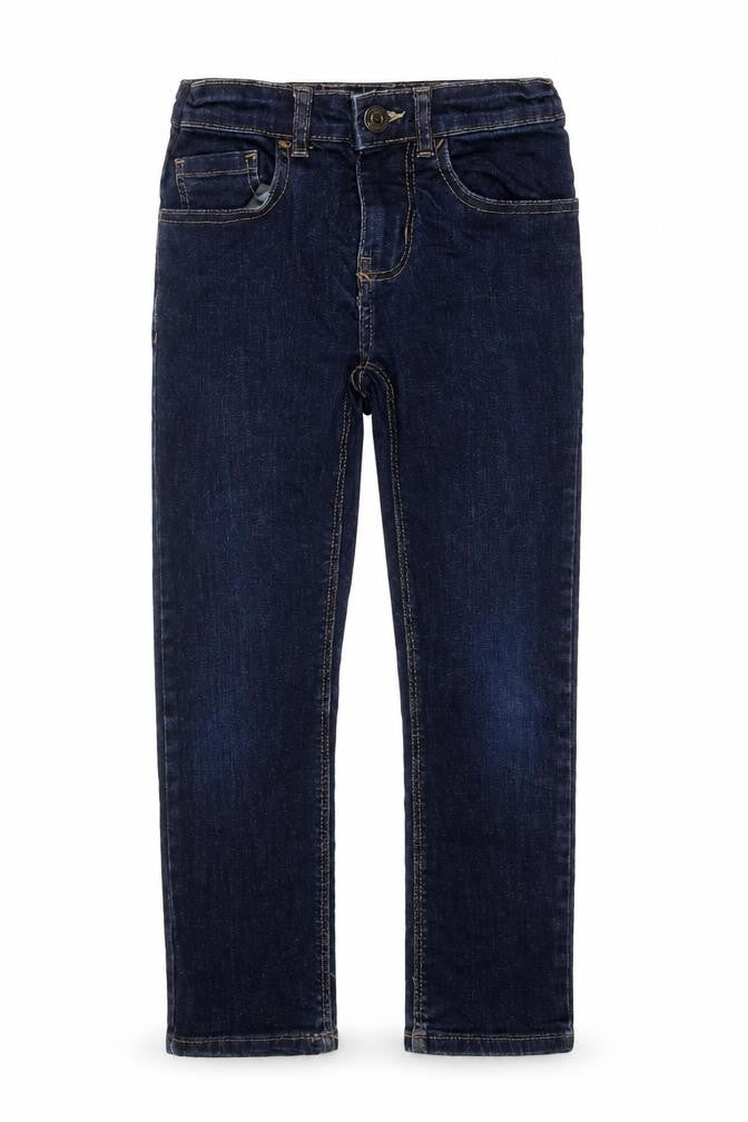 Front view of Zara boys’ blue cotton straight jeans, size 9, months regular zip