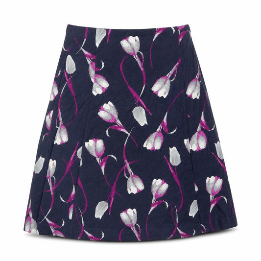 Front view of EWM women’s blue floral polyester swing skirt, size UK 12