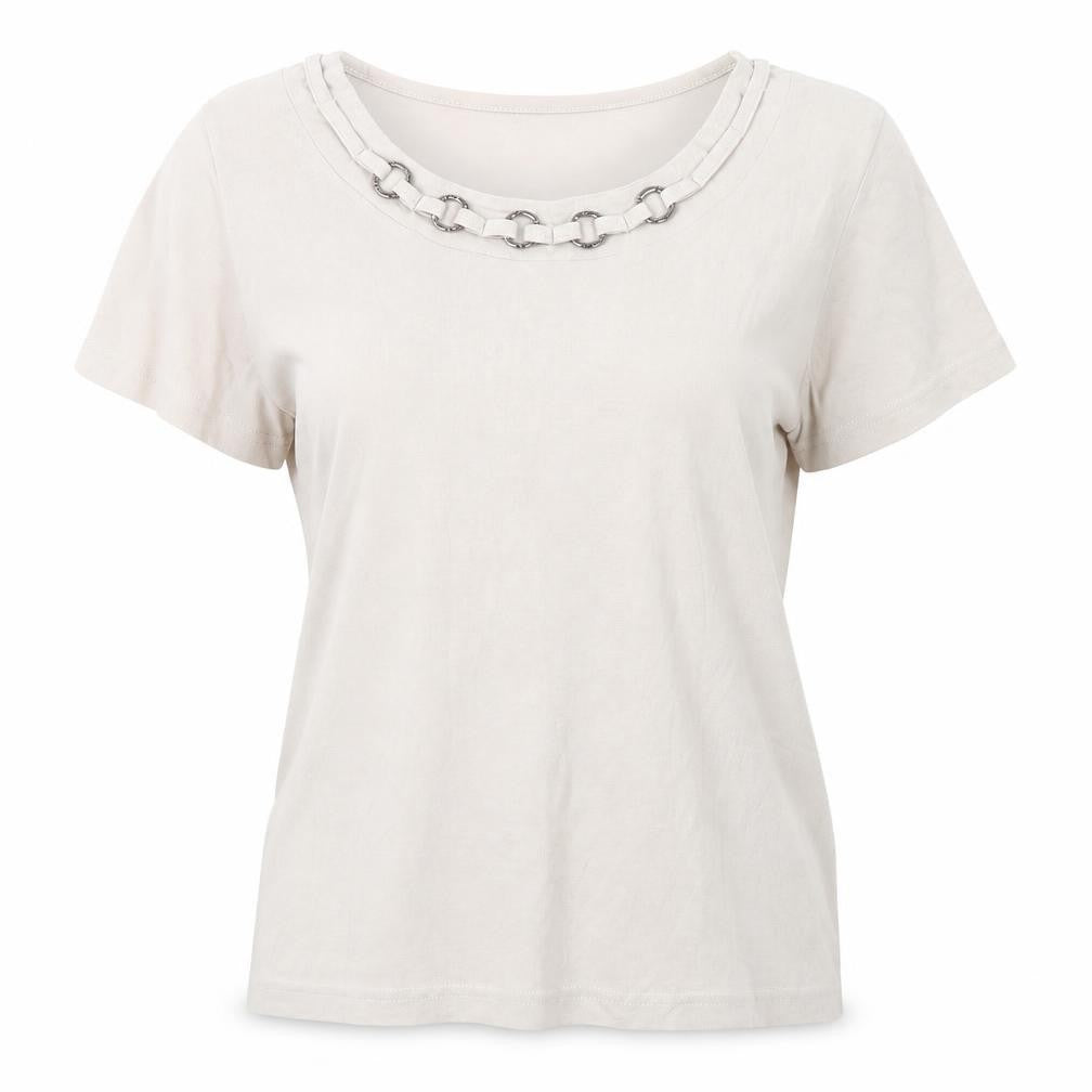 Front view of Bonmarché women’s beige cotton basic t-shirt, size M, scoop neck