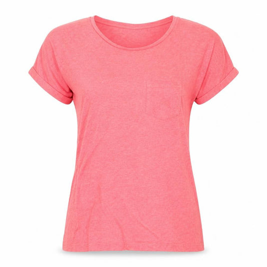 Front view of Warehouse women’s red polyester basic t-shirt, size UK 8, round neck