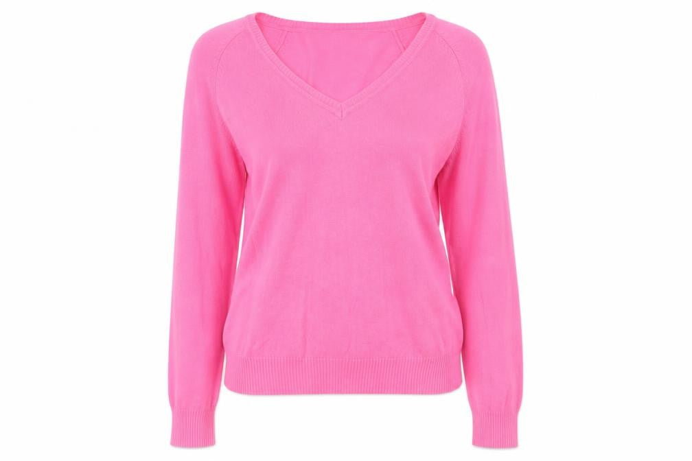 Front view of Sutherland women’s pink v-neck acrylic jumper, size S
