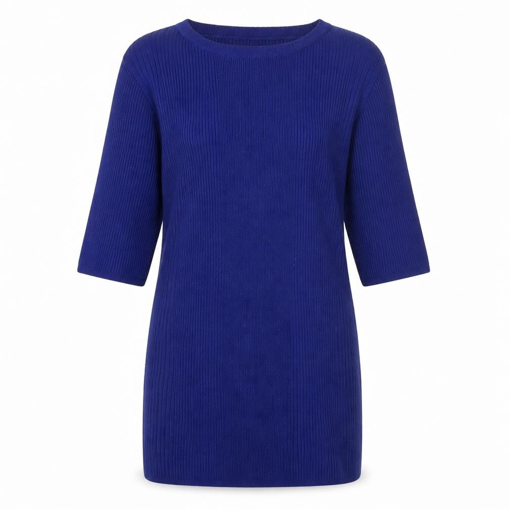 Front view of Marks & Spencer women’s blue round neck viscose jumper, size UK 8