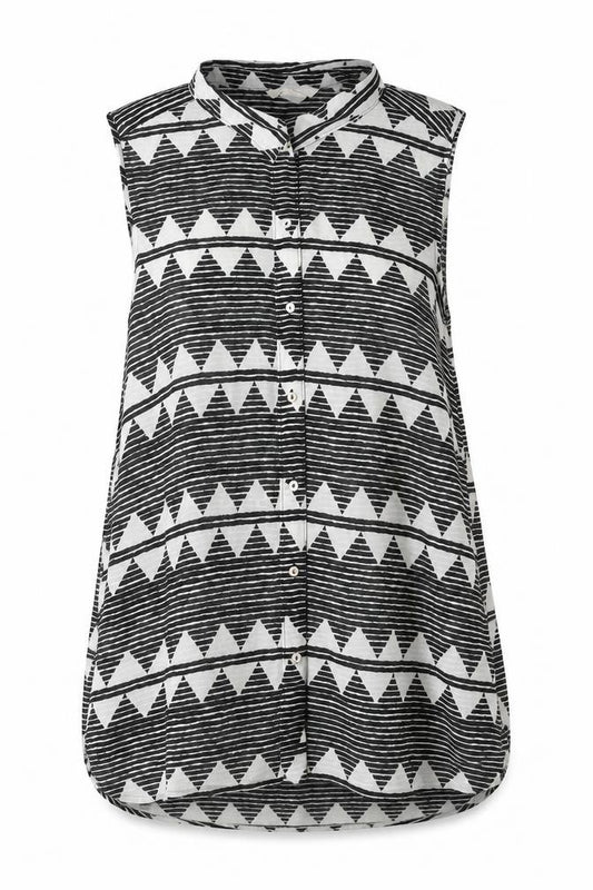 Front view of H&M women’s black geometric polyester basic button-up, size UK 12, collared