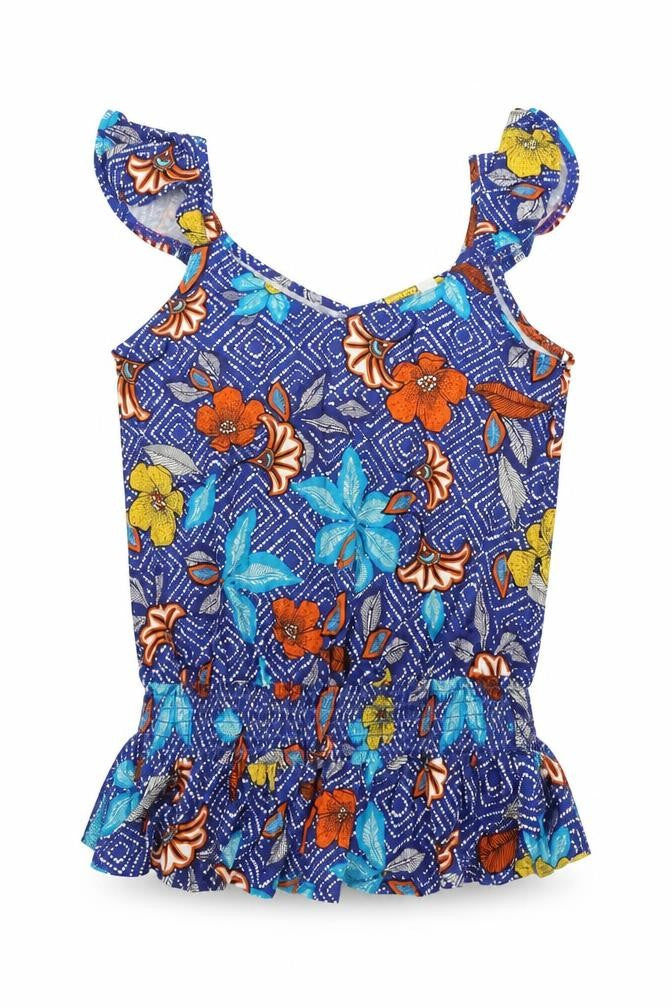 Front view of Preworn women’s blue geometric viscose basic tank, size UK 8, v-neck - floral