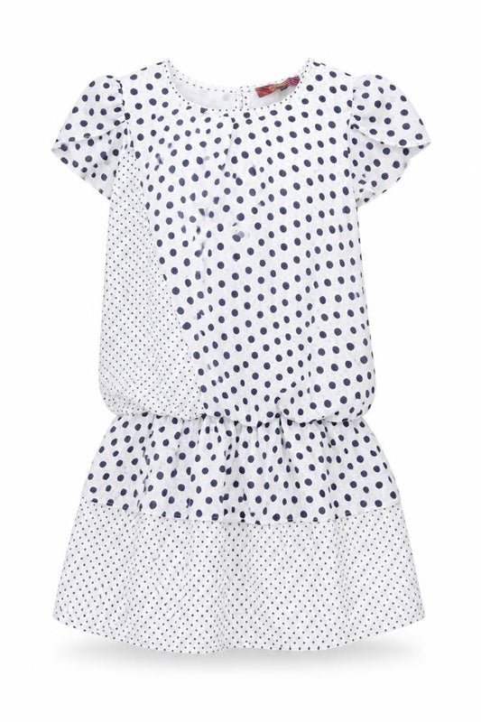 Front view of Next women’s white polka dot polyester a-line, size UK 8, round neck button