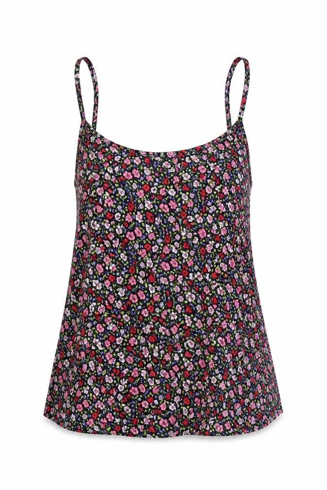 Front view of Divided by H&M women’s multicoloured floral viscose basic tank, size UK 8, scoop neck