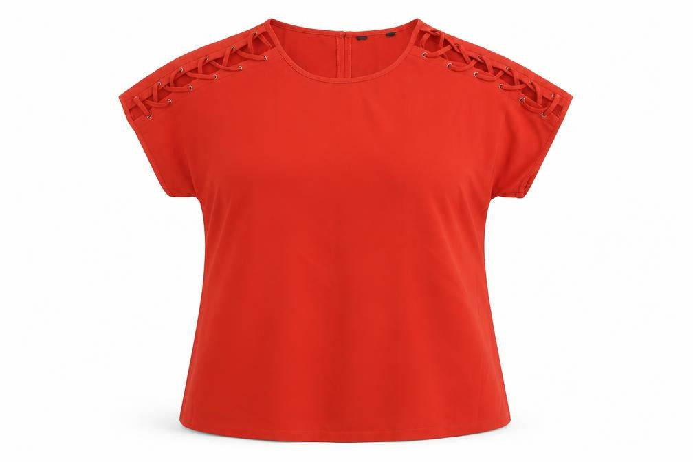 Front view of Avon women’s red polyester basic t-shirt, size UK 14, scoop neck - lace up sleeve detail