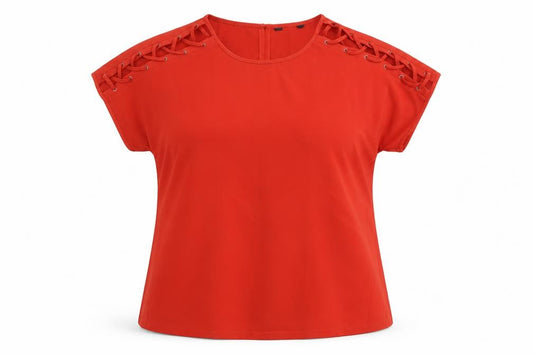 Front view of Avon women’s red polyester basic t-shirt, size UK 14, scoop neck - lace up sleeve detail