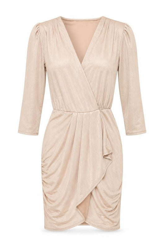 Front view of ASOS women’s gold polyester mini, size UK 8, v-neck pullover